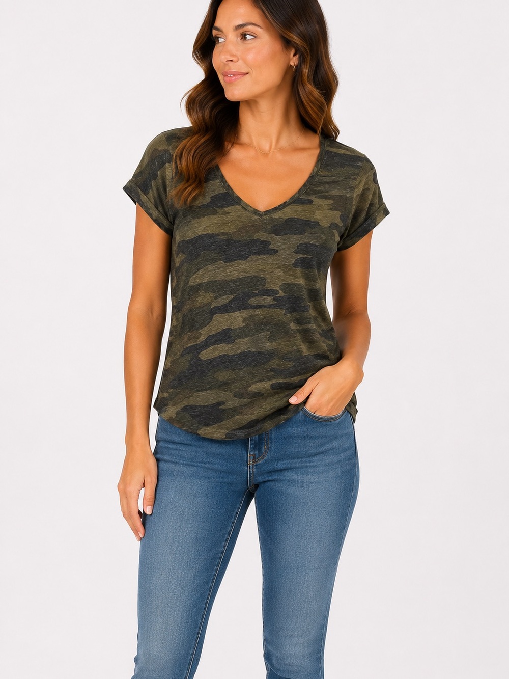 Lucky Brand Olive Green Camo V-Neck Short Sleeve Tee